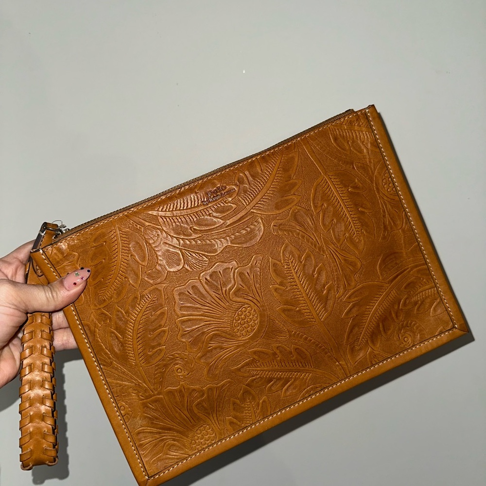 Floral Embossed Tan Leather Clutch